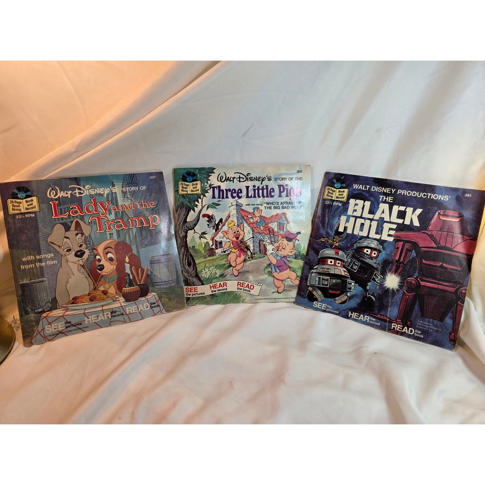 Vintage Walt Disney Book and Record Lot Lady and the Tramp Three Little Pigs 381